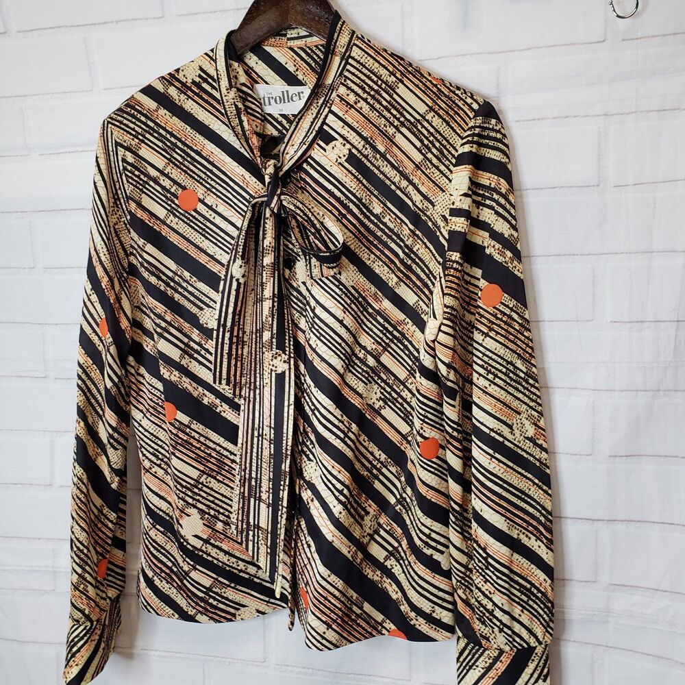 Groovy Vintage 70s The Stroller Black Stripe Button Up Neck Tie Blouse size L